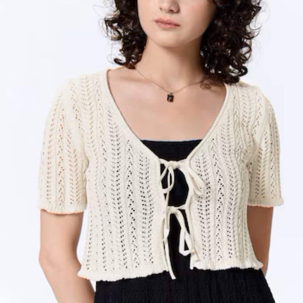 GU Open Knit Front Ribbon Short Sleeve Crop Cardigan in Natural Size Large